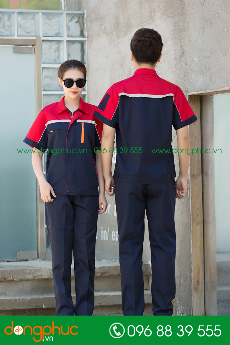 Mẫu bảo hộ màu tím than phối đỏ cộc tay